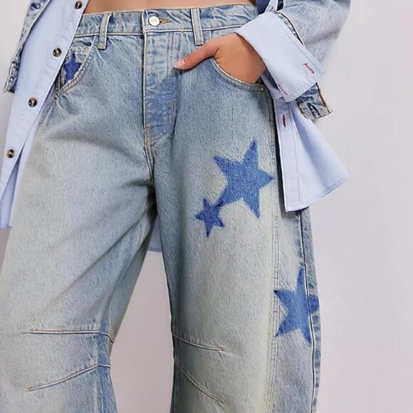 Astronomy Domain Star Printed Boyfriend Retro Horseshoe Jeans Light Blue - Picture 4 of 9